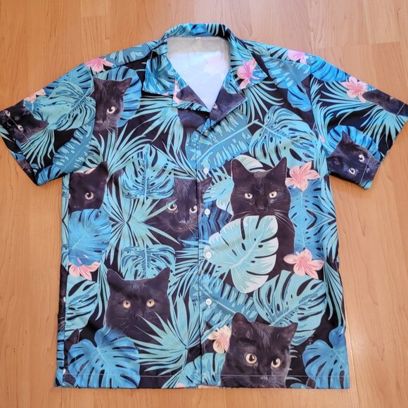 Unisex Silky Hawaiian Black Cat Shirt - XL - Picture 2 of 6
